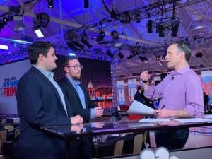 Students Phil Dragone and Brendan Flaherty on set with Brian Shactman for NECN's show Primary Source.