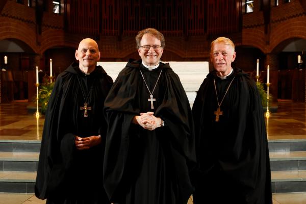 The last three living abbots (left to right) Abbot Matthew Leavy, O.S.B. (abbot from 1986 to 2012), Abbot Isaac, O.S.B. (newly elected), and Abbot Mark Cooper, O.S.B. ’71 (abbot from 2012 to 2024).