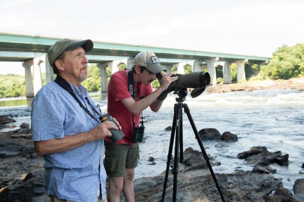 Peter McTague studying peregrin falcons through a telescope