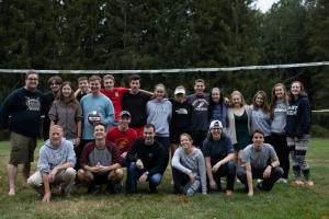 Monks and students gathered for a volleyball game