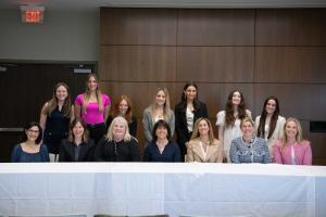 The Celebration of Women in Leadership event welcomed seven female alumnae (front row), who were interviewed by current female students (back row).