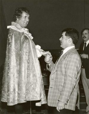 Bill Farrell, H.D. ’98 and former trustee, as ‘Lord of the Manor’ with Walter Gallo ’58, H.D. ’08 at the Medieval Banquet which was the concluding event of the year-long observance of the 1,500th anniversary of the birth of Saint Benedict, 1981.