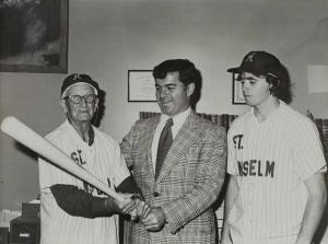 Alumnus Christian Schmitt (1910) talking baseball with Walter Gallo ’58, H.D. ’08 and Dan Cronin ’77 captain of the baseball team in 1975. 