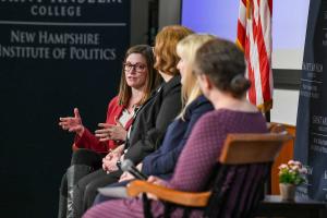 Panelists from the Women in the Public Square event: From left: Courtney Tanner ’11, Senator Sharon Carson, Senator Donna Soucy ’89, and Professor Christine Gustafson, Ph.D.