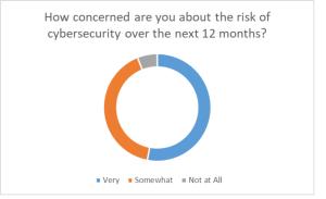 A circle chart titled "How concerned are you about the risk of cybersecurity over the next 12 months?" Responses are indicated by color in decreasing order of percentage of the chart: Very (indicated by blue and taking up over 50% of the chart); Somewhat (indicated by orange and taking up less than 50% of the chart), and Not at all (indicated by grey and taking up the remaining small portion of the chart). 