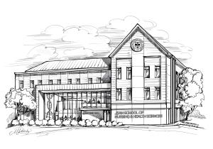 Black and white sketch of a building with "Grappone Hall" and "Jean School of Nursing and Health Sciences" written on it.