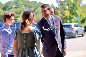 Representative Ro Khanna shaking hands with a student during his visit to campus