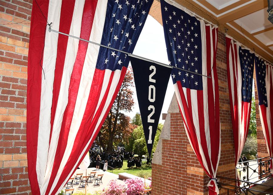 Class of 2021 pennant hanging on Alumni Hall